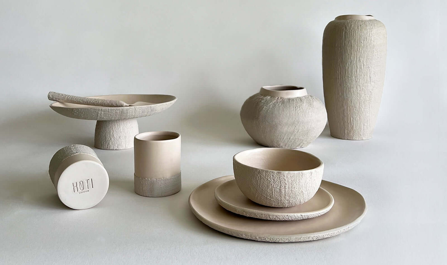 beige handmade ceramic dinnerware set, beige ceramic vase