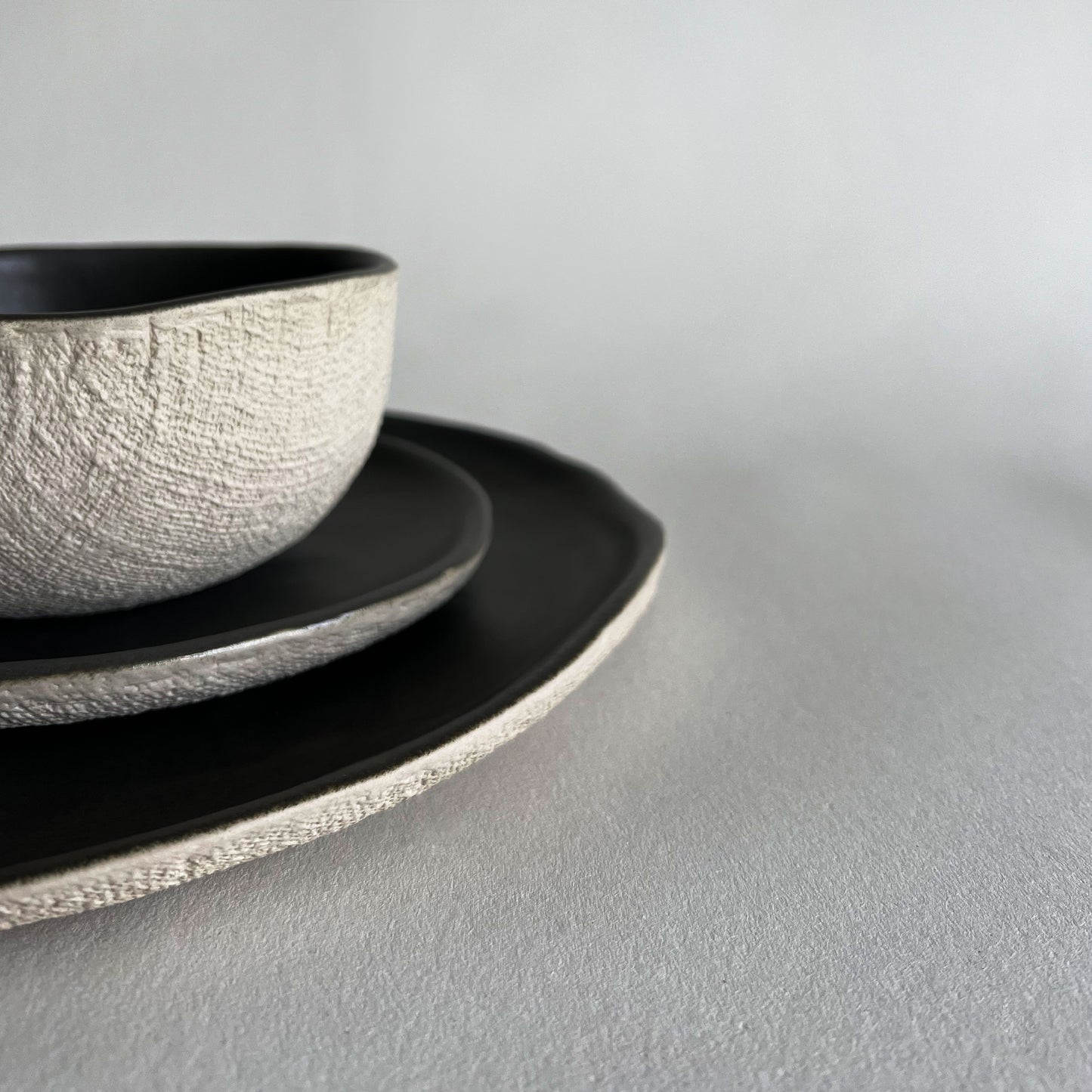 beige charcoal handmade ceramic dinnerware set of 3, large plate, small plate, bowl
