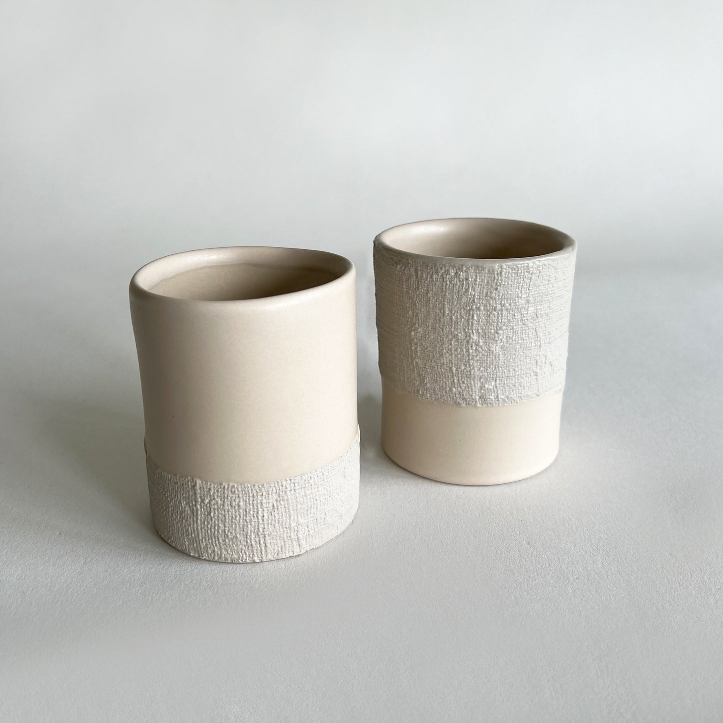 set of 2 beige matte handcrafted ceramic cups, textured ceramic mugs, rustic style cups