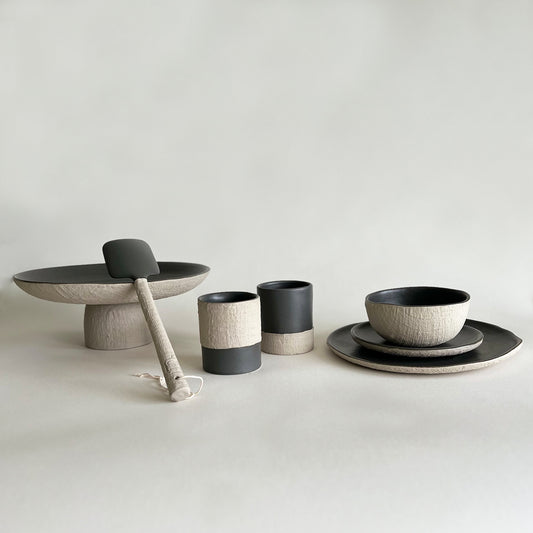 beige charcoal handcrafted wabi sabi dinnerware, japandi dinner set, large plates, small plates, bowls, cups, serving tray, serving spoons