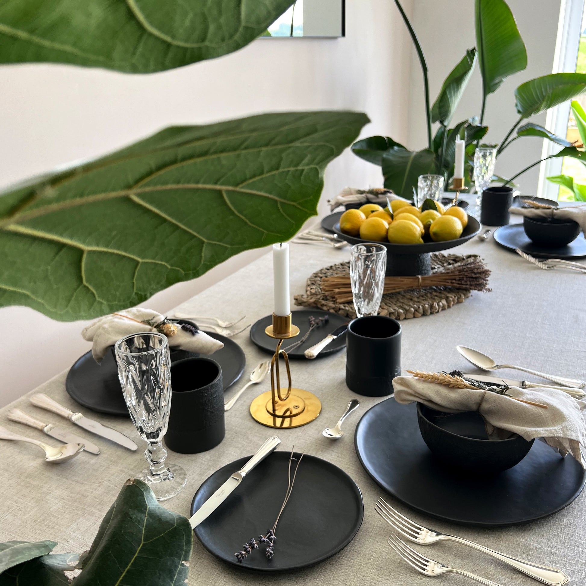 black matte handmade ceramic tableware set of handmade dinner plate, starter plate, dessert plate, fruit bowl, ceramic drinkware, soup bowls